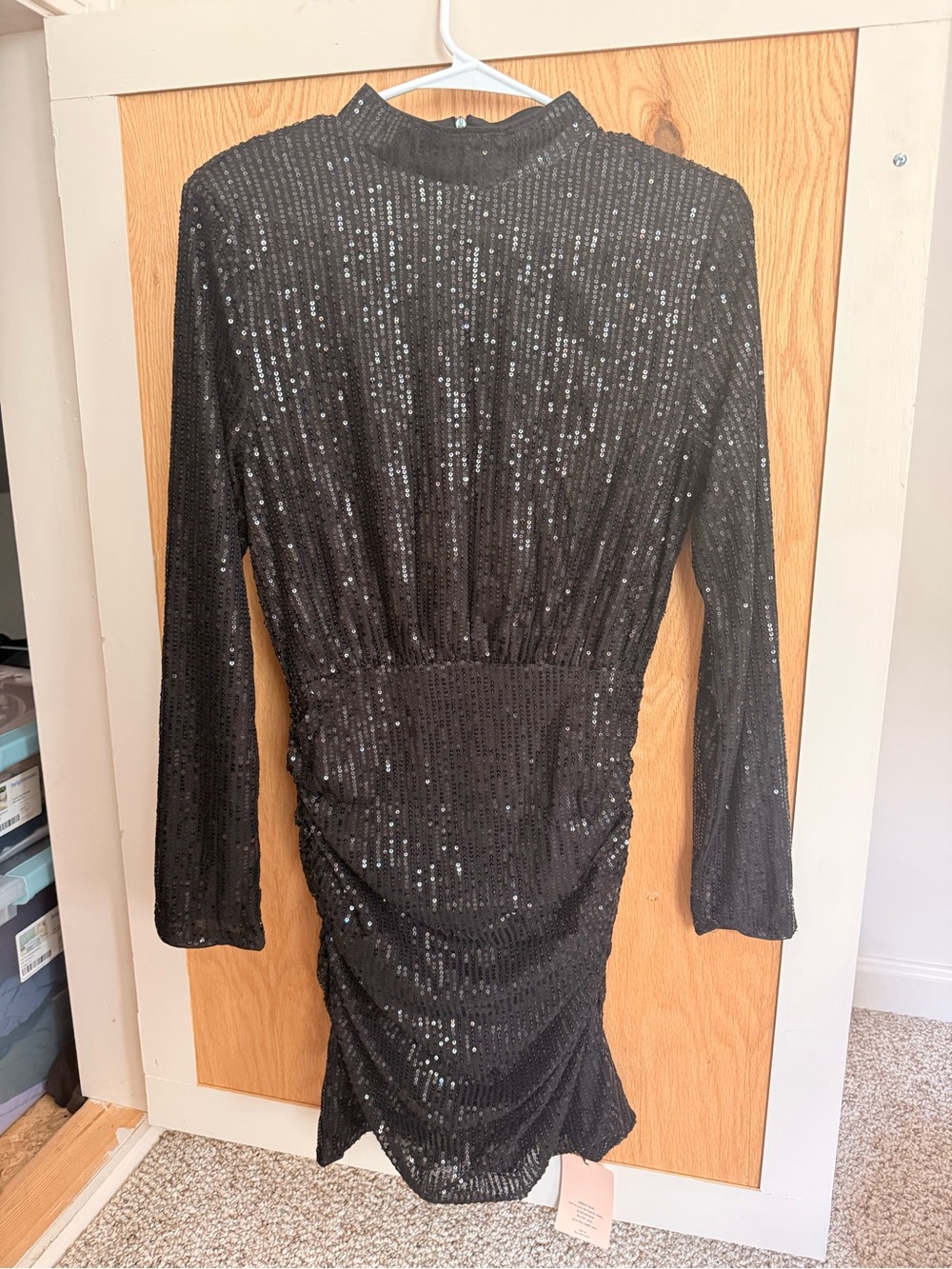 SHEIN Black Long-Sleeve Sequin Ruched Mini Dress